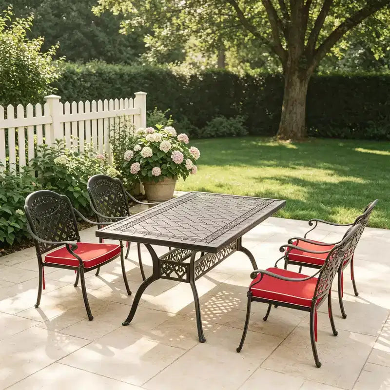 5-Piece Rectangular Cast Aluminum Patio Dining Set for Outdoor Backyard Garden Deck Poolside with Cushions