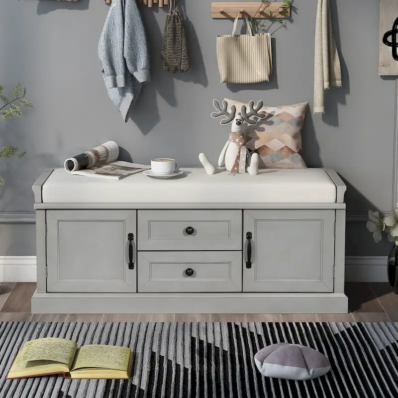 Storage Shoes Bench with 2 Drawers, 2 Cabinets and Removable Cushion