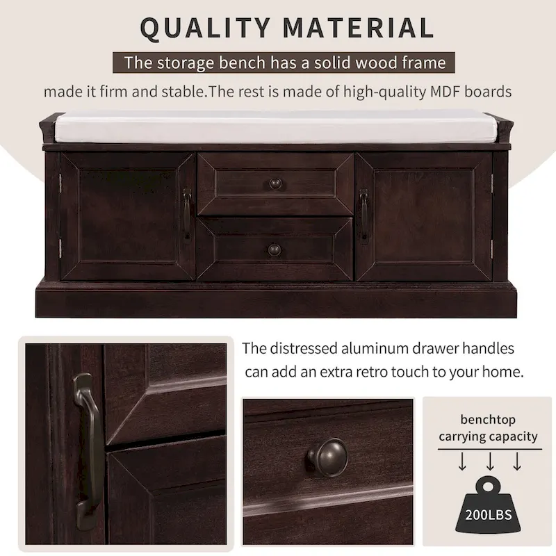 Storage Shoes Bench with 2 Drawers, 2 Cabinets and Removable Cushion