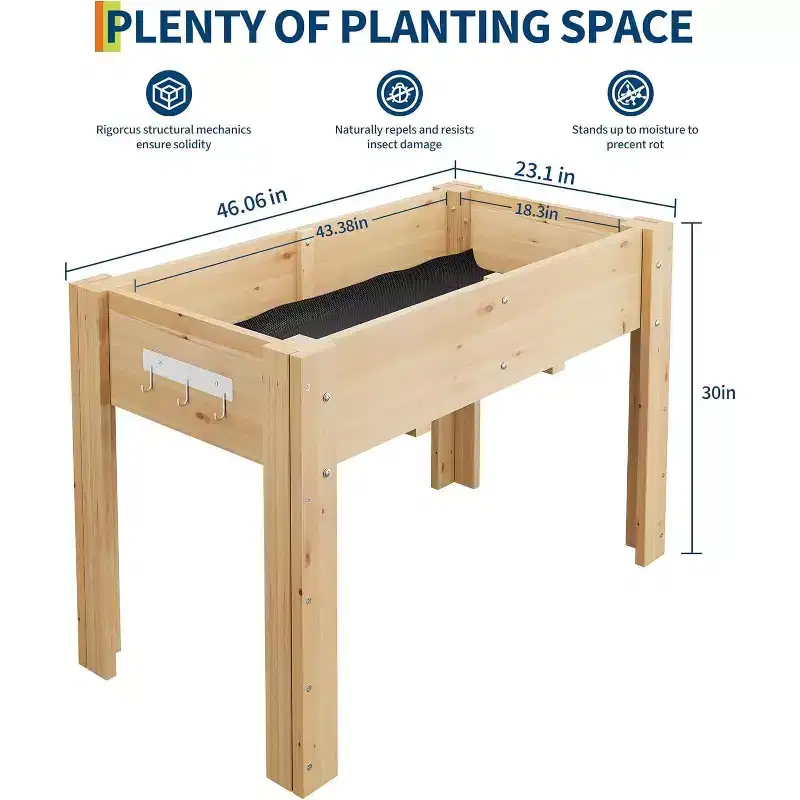 47-Inch Solid Wood Raised Garden Bed with Legs & Hooks - Elevated Planter Box for Patio, Backyard Vegetables & Herbs