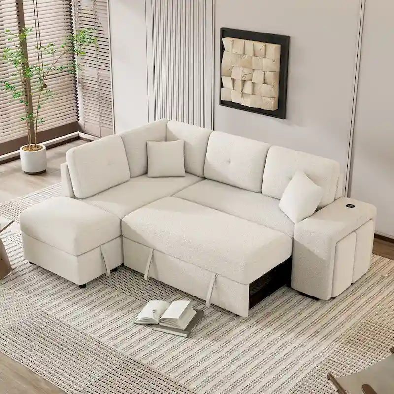 Roomfitters Convertible Sleeper Sectional Sofa Bed with Storage Ottoman, Two Throw Pillows, Two Stools, Wireless Charger