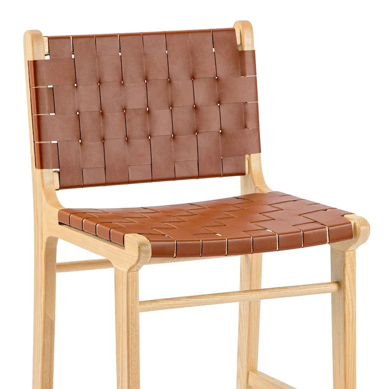 Woven Leather Counter Height Bar Stool, Ash Wood Frame, No Assembly