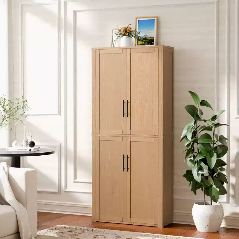 PexFix Kitchen Pantry Cabinet Freestanding Food Storage Cabinet with 4 Doors & Adjustable Shelves Floor Utility Storage Organizer