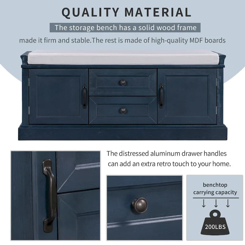 Storage Shoes Bench with 2 Drawers, 2 Cabinets and Removable Cushion