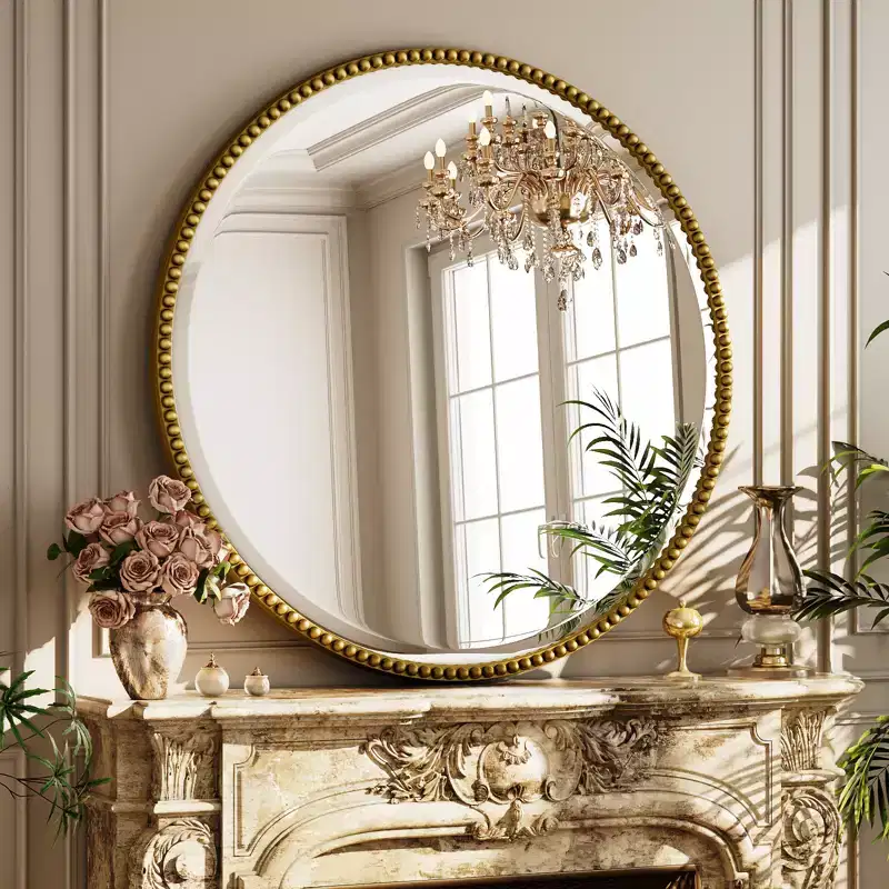 Beaded Round Wall Mirror - Decorative Vanity Bathroom Mirror with Resin Frame