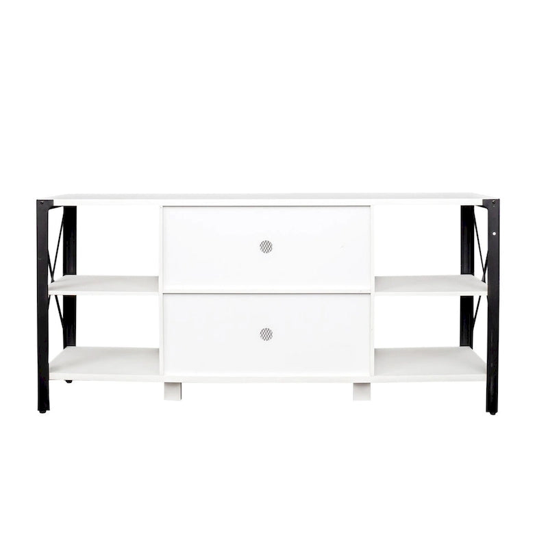 80-Inch Industrial TV Stand – Espresso / Walnut / White, Wood & Metal, Open Shelving with Mesh Door