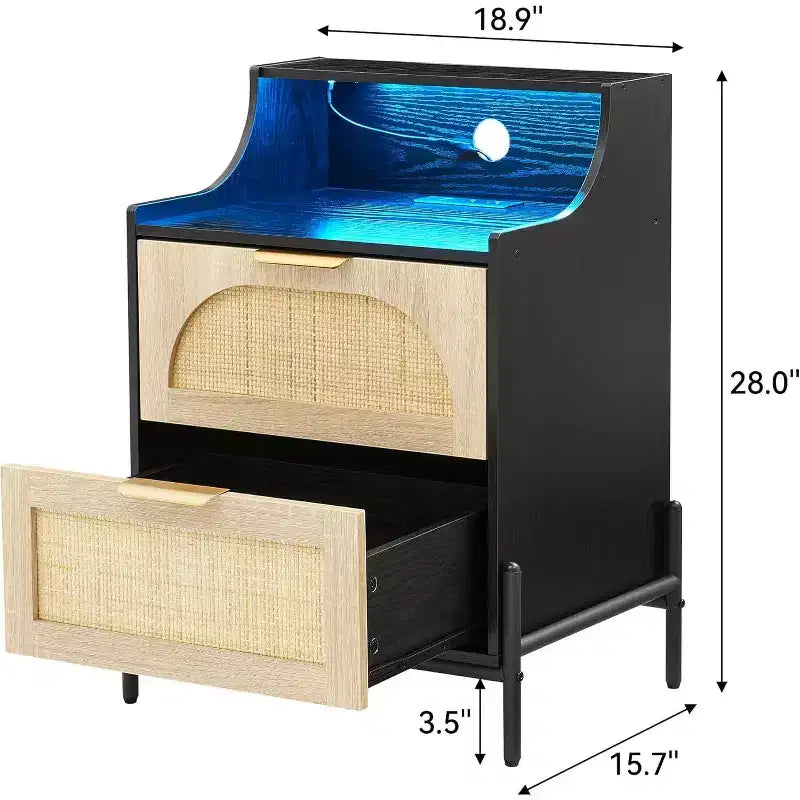 Nightstand with Outlets & USB - Adjustable Color Lighting Bedside Table, Rattan Side Table with 2 Drawers Storage