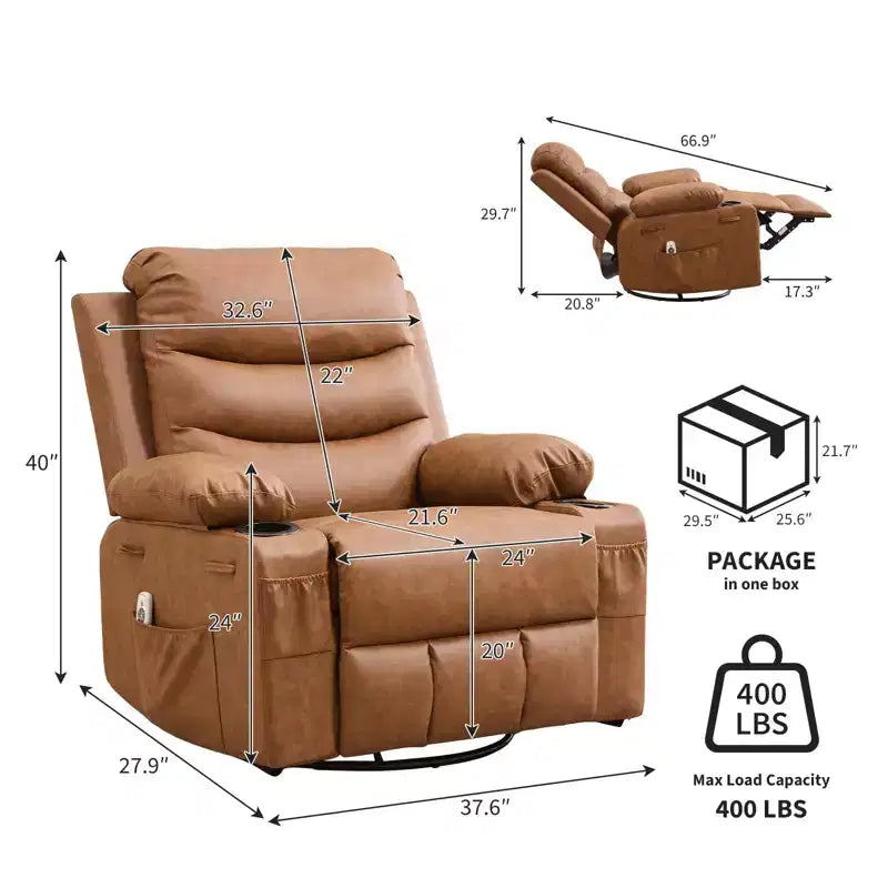 Oversized 360 Swivel Rocker Recliner with Massage & Heat - Ergonomic Lounge Chair with Cup Holders, Side Pockets for Living Room, Nursery