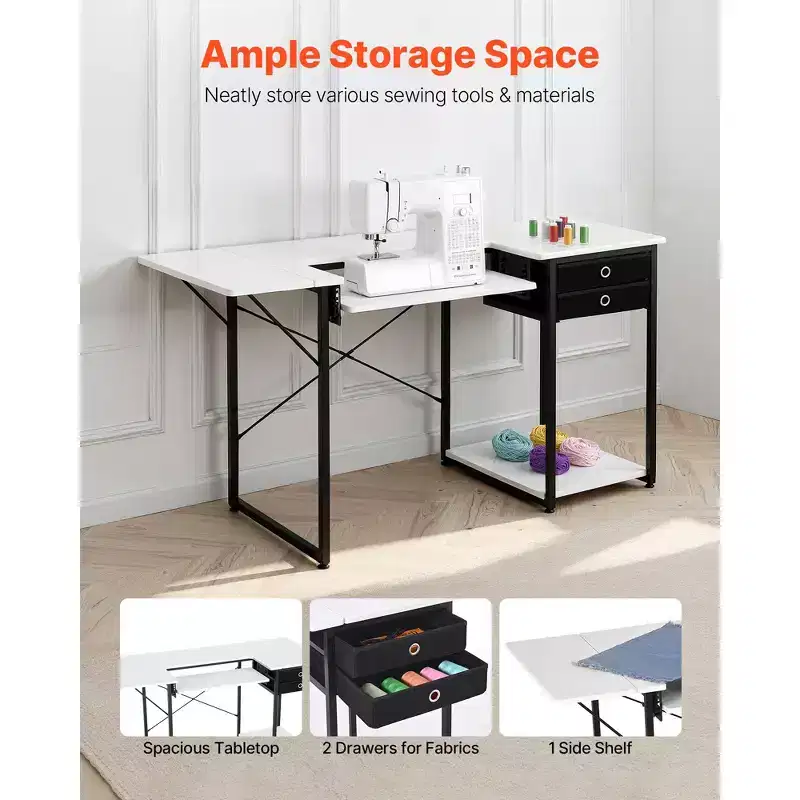Multipurpose Sewing Machine Table with Drawers, Foldable Side Shelf, Adjustable Shelf, Steel Legs, White