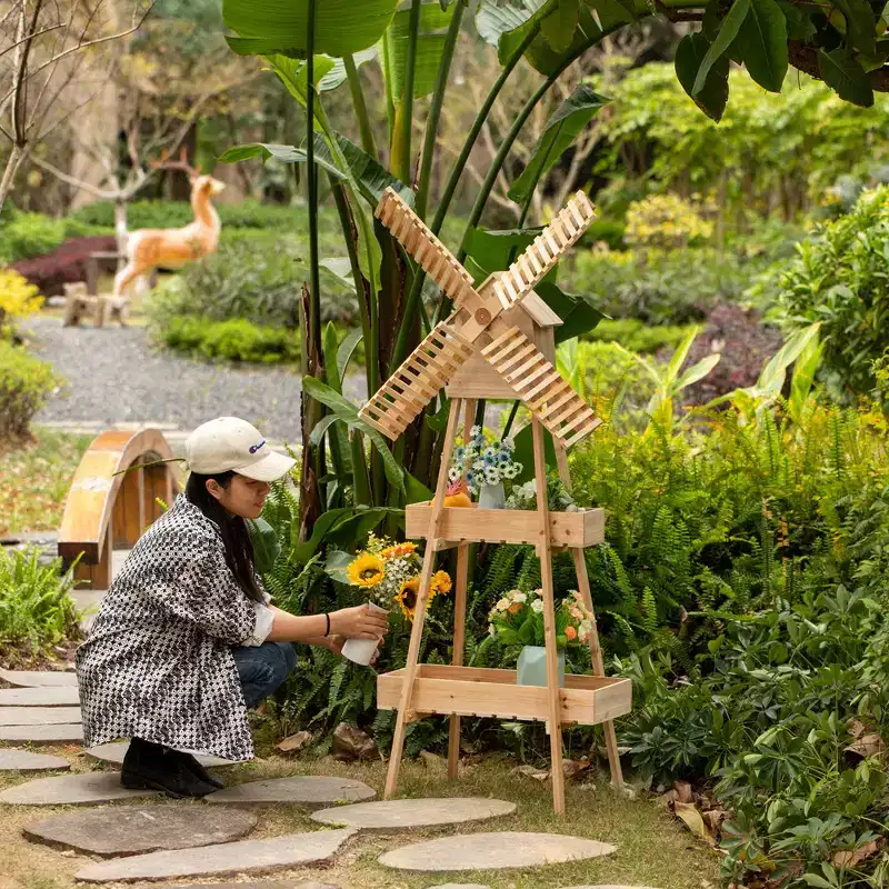 Vintiquewise Rustic Wooden Cart with Windmill Accent and Decorative Piece for Garden Decor, or as a Unique Storage Solution for Home or Garden Tools