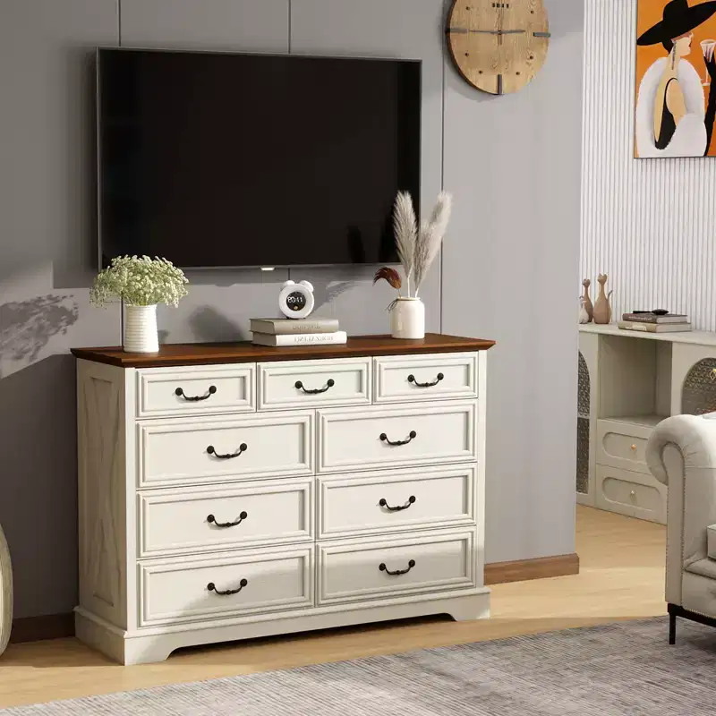 9 Drawer Farmhouse Dresser, Rustic Chest of Drawers with Ample Storage, Solid Wood Look & Metal Handles, Bedroom Clothes Organizer