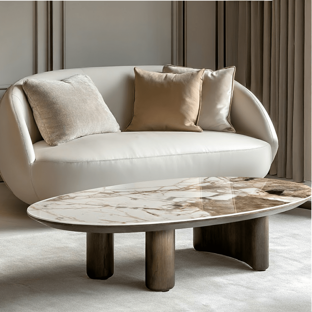 Brown Oak Veneer Oval Coffee Table with Faux Marble Top