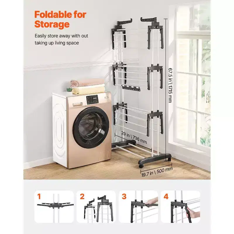 4-Tier Foldable Clothes Drying Rack with Wheels and Side Wings, 77 lbs Capacity