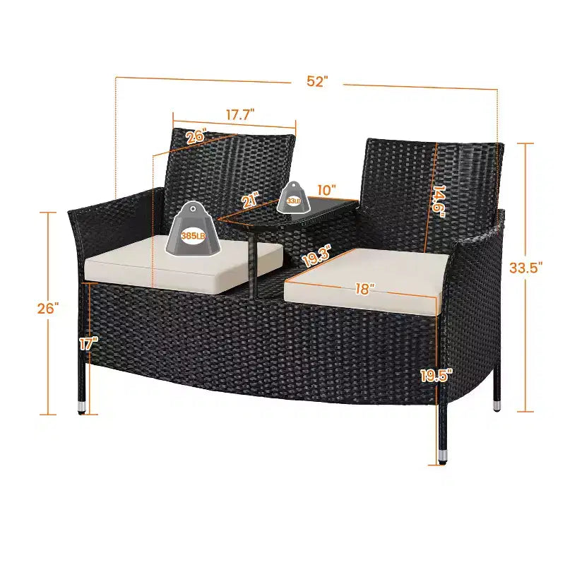 Yaheetech Outdoor Wicker Double Chair with Removable Cushions & 1 Tempered Glass Side Table, Black