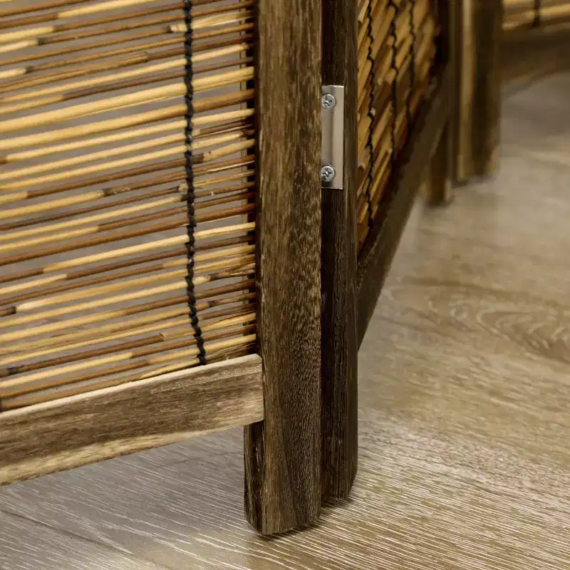 5.5' Tall Room Divider with Wood & Hand Woven Reed, 4 Panel Folding Privacy Screens, Portable Partition Wall Divider