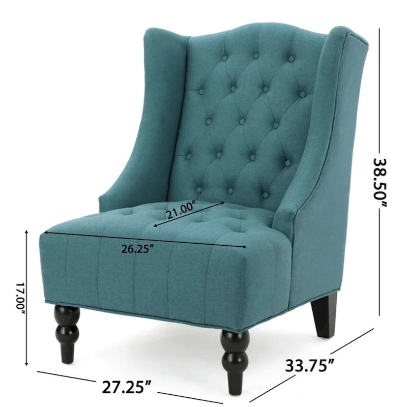 Upholstered Wingback Chair – Blue / Navy / Silver / Green, Button-Tufted Diamond Stitch, Birch Legs, Seats 1