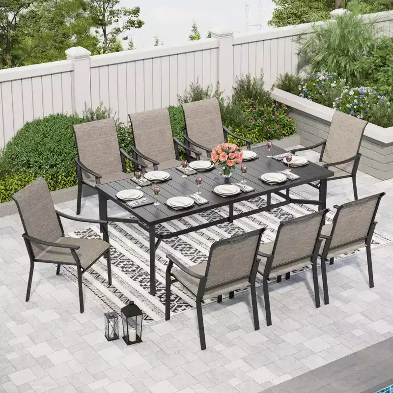 Captiva Designs 9pc Patio Dining Black Steel Rectangle Table & Brown Textilene Fixed Chairs