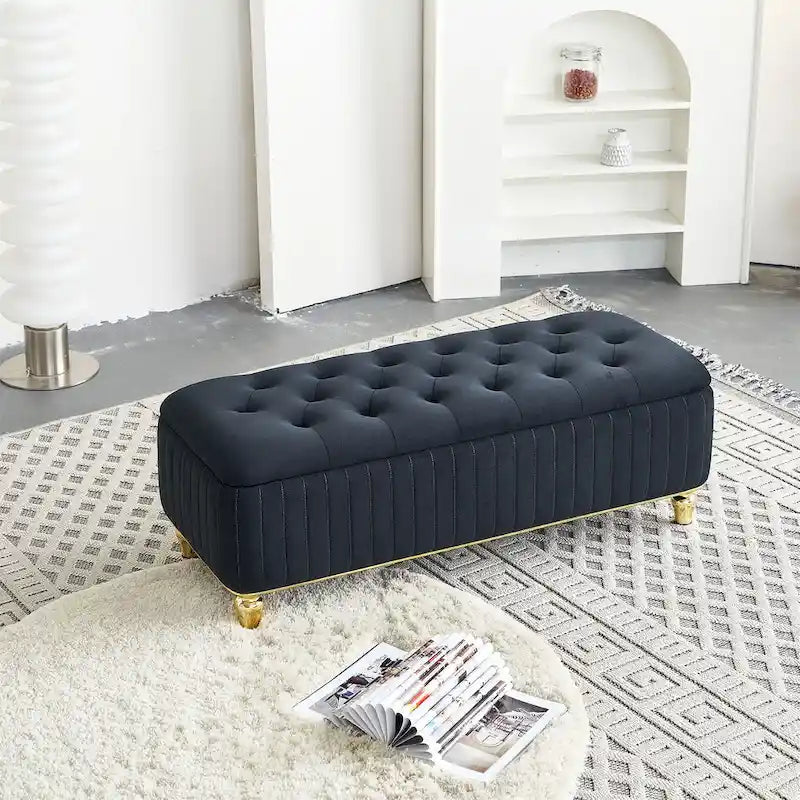 Rectangle Storage Ottoman Bench – Green / Black / Beige, Tufted Velvet, Modern Style, Seats 1–2