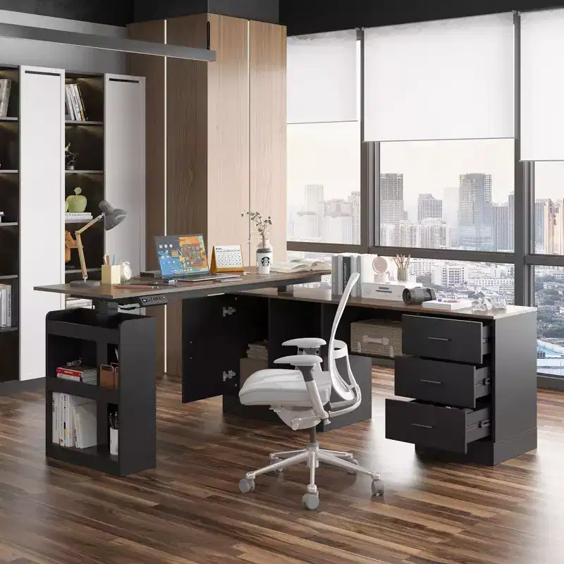 Height-Adjustable Computer Desk Office Desk Standing Desk: L-Shaped Spacious Desktop, Storage Cabinets