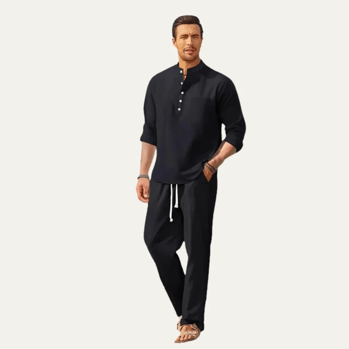 Men's Shirt Set ¡ª Long Sleeve Stand Collar Drawstring Pants