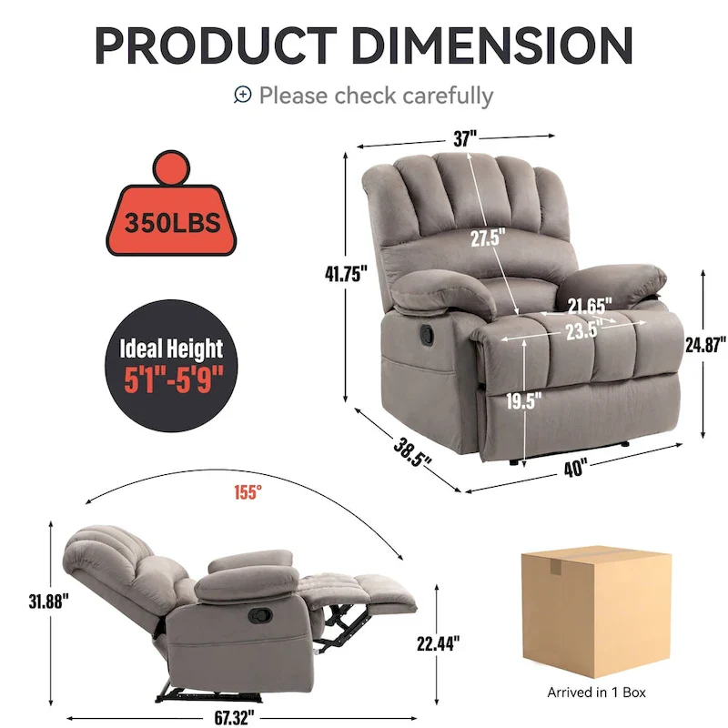 Extra-Large Manual Recliner Chair with Fabric Upholstery