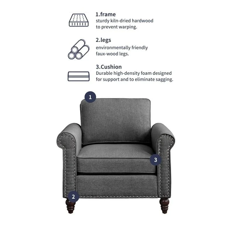 Modern Linen Sectional Single Sofa with Solid Wood Frame & Pocket Coils