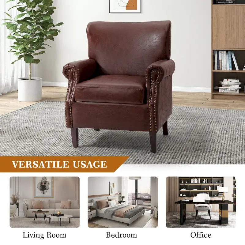 Transitional Leather Armchair with Nailhead Trim Rolled Arms
