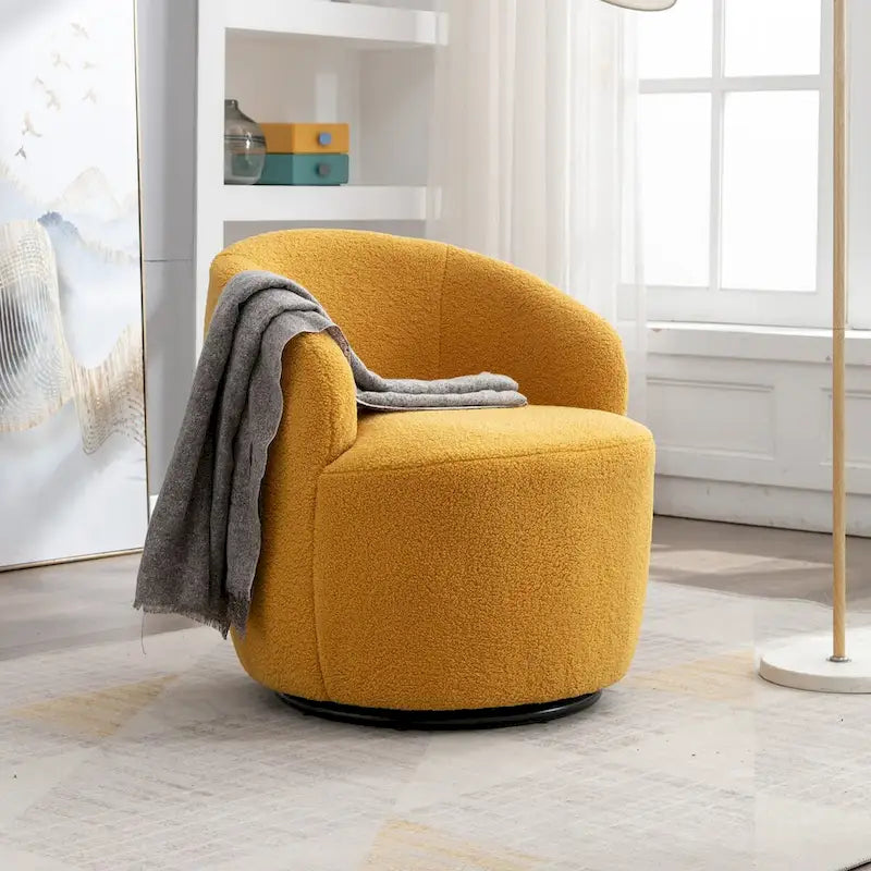 Swivel Accent Armchair Teddy Fabric Upholstered Barrel Chair with Black Point Round Swivel Metal Base