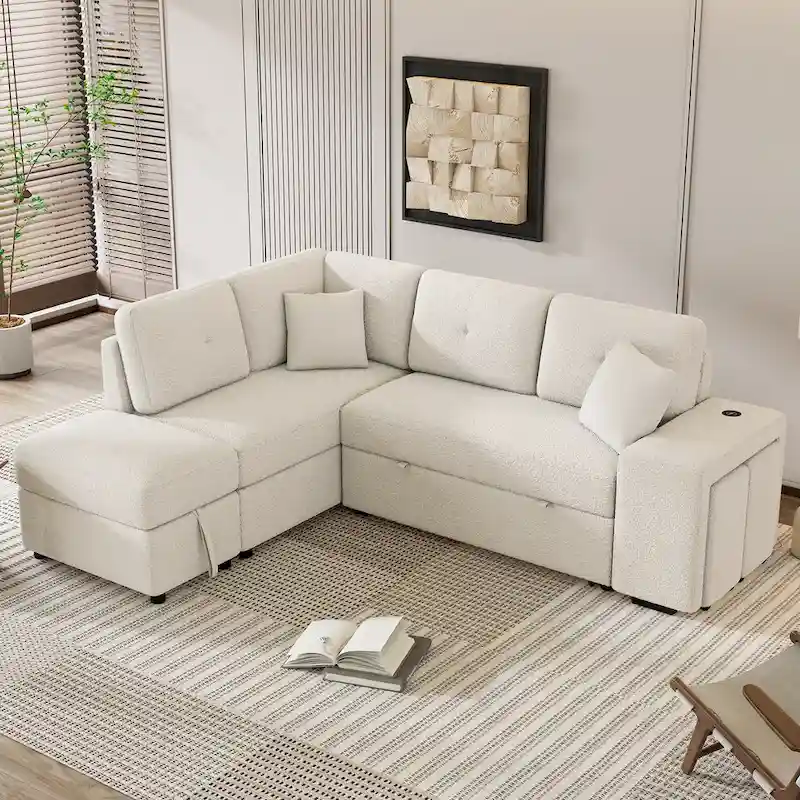 Roomfitters Convertible Sleeper Sectional Sofa Bed with Storage Ottoman, Two Throw Pillows, Two Stools, Wireless Charger