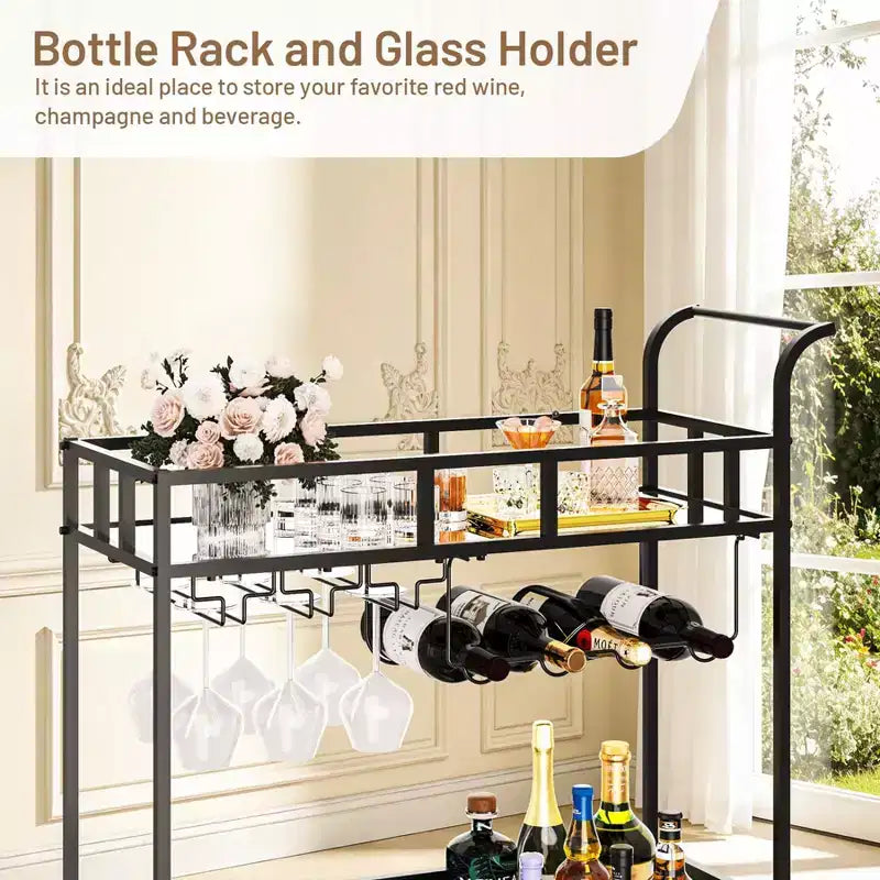 COZONY 2 Tier Bar Cart with Wine Rack and Glass Holder, Mirrored Mobile Serving Cart with Wheels for Kitchen Living Room