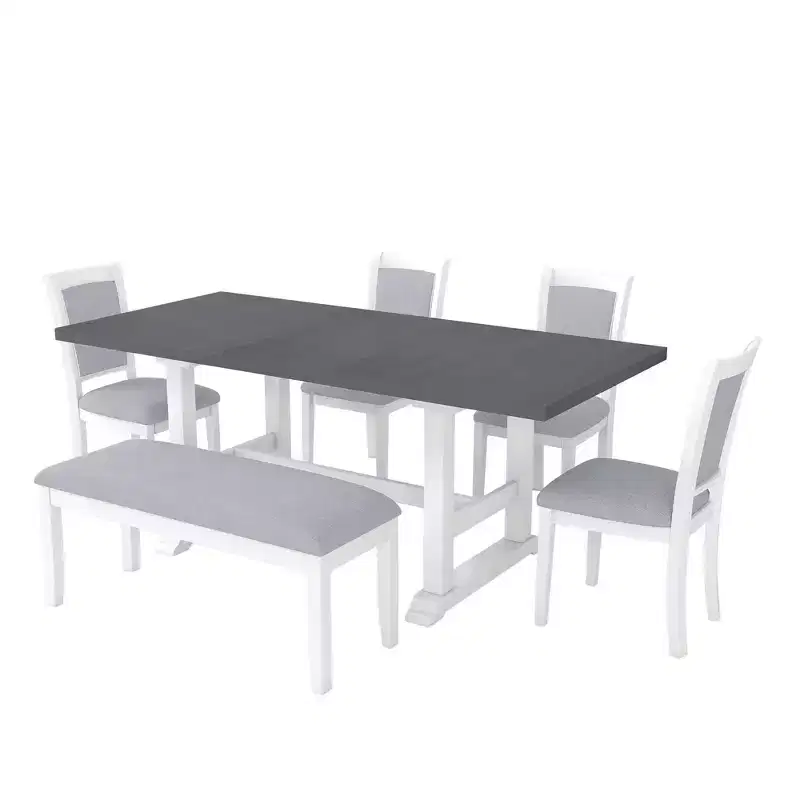 Whisen Updated 6-Piece Rustic Kitchen Extendable Dining Table Set, 76.9 Trestle Dining Table & 4 Upholstered Dining Chairs, 1 Bench