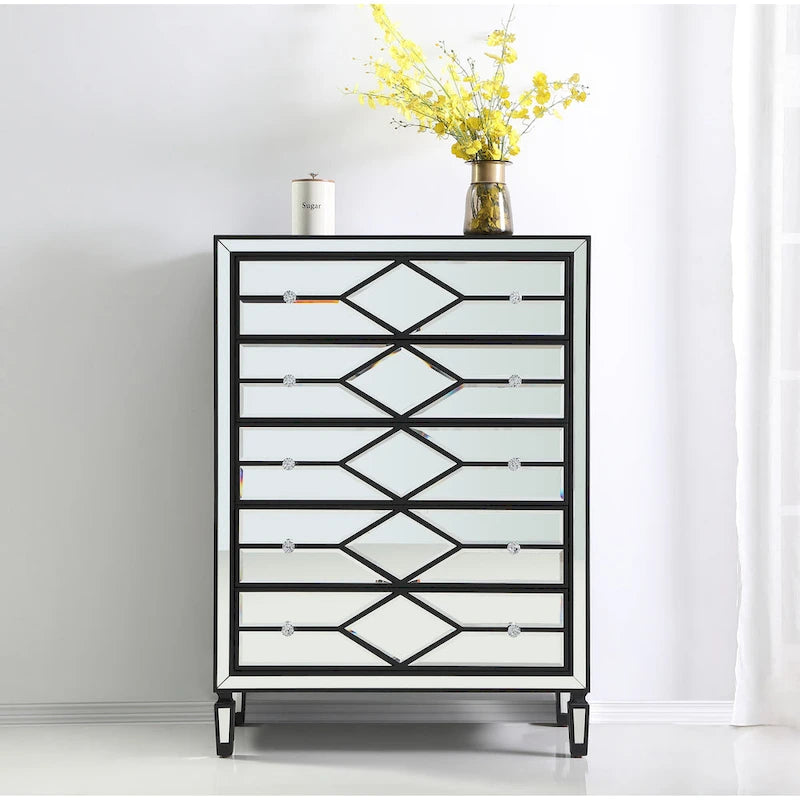 5-Drawer Chest – Antique White / Silver, Beveled Mirror Panels, Crystal Knobs, Hand-Painted Finish