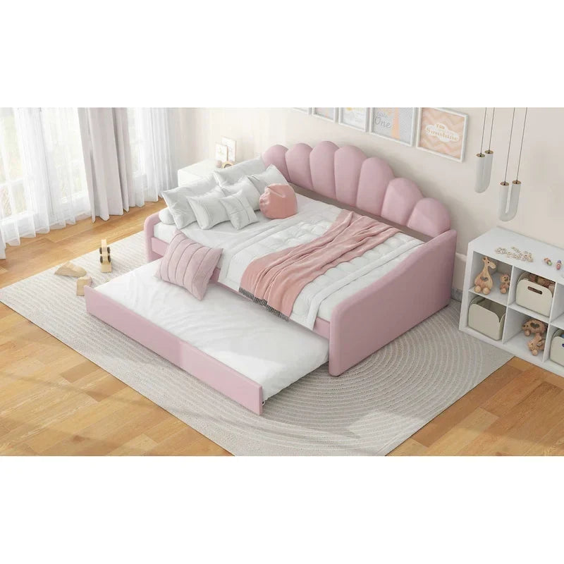 Full Size Upholstered Daybed with Shell Backrest and Trundle
