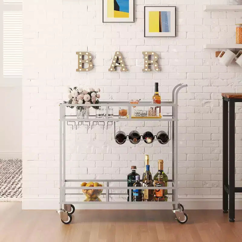 COZONY 2 Tier Bar Cart with Wine Rack and Glass Holder, Mirrored Mobile Serving Cart with Wheels for Kitchen Living Room