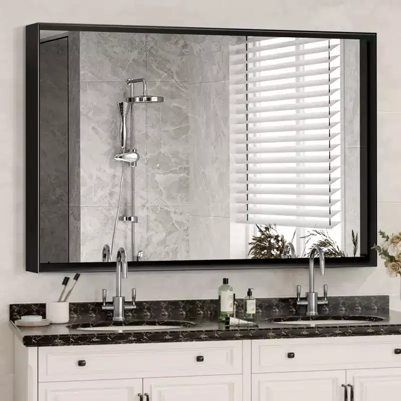 36x24inch Black Rectangular Bathroom Mirror Square Angle Metal Frame Wall Mounted Hanging Plates Wall Mount Mirror For Bathroom