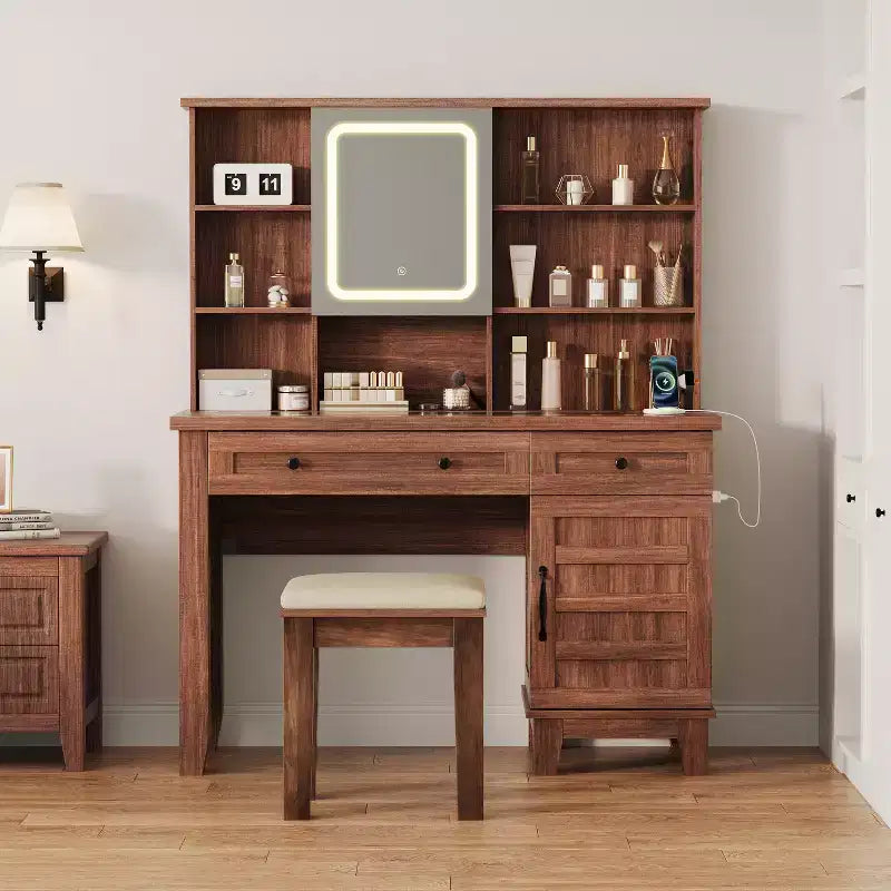 Farmhouse Makeup Vanity Desk with Mirror and Lights, Power Outlet, 2 Drawers and Cushioned Stool, Glass Top for Bedroom Dressing Room