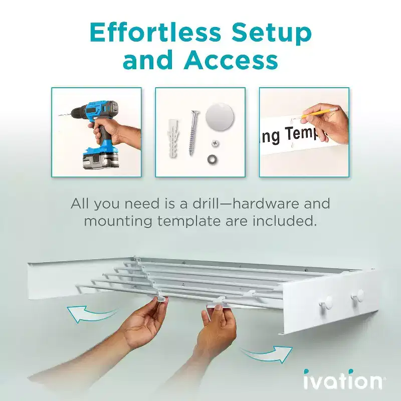 Ivation Retractable Wall Mounted Clothes Drying Rack - Foldable Laundry Drying Rack for Clothing