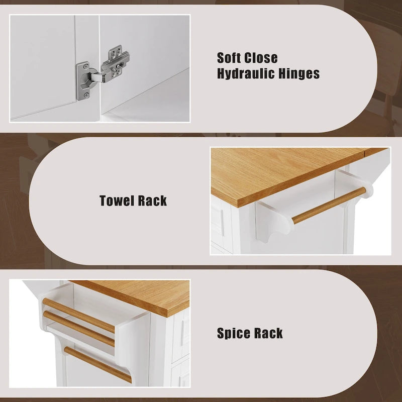 White Drop Leaf Kitchen Island Cart for 1–2 Person, No Stool