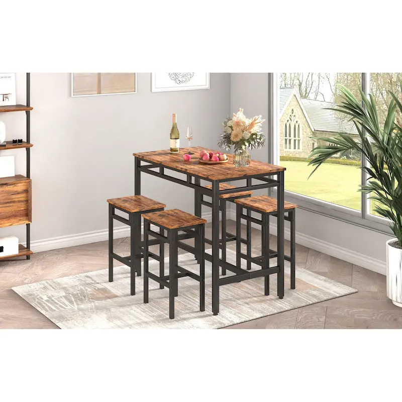 Counter Height Dining Table Set with 4 Bar Stools Metal Frame Vintage Wooden Tabletop Rectangular Dining Table, 5-Piece