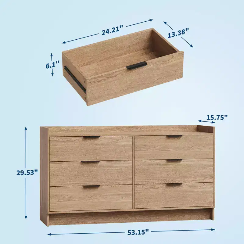 6 Drawer Dresser for Bedroom, 52W Wooden Chest of Drawers with Metal Handles, Clothes Storage Organizer, Dresser TV Stand for Hallway, Bedroom