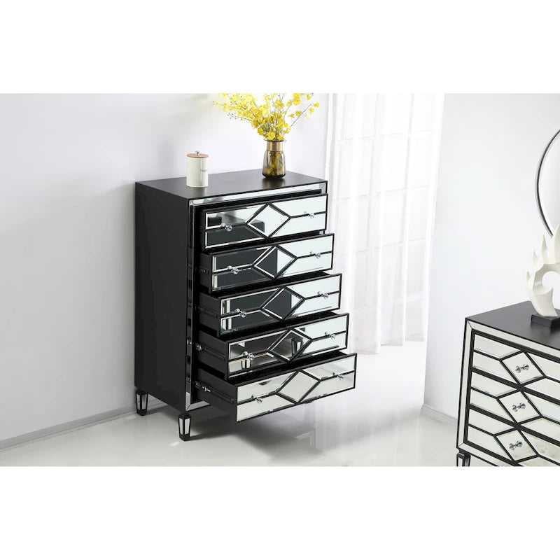 5-Drawer Chest – Antique White / Silver, Beveled Mirror Panels, Crystal Knobs, Hand-Painted Finish