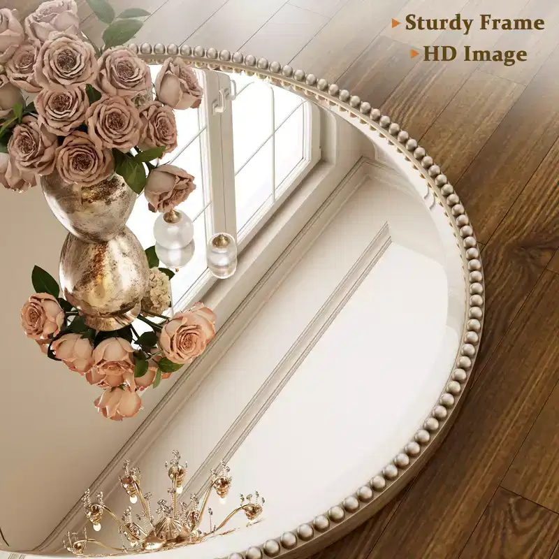 Beaded Round Wall Mirror - Decorative Vanity Bathroom Mirror with Resin Frame