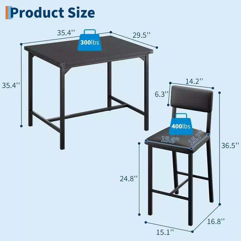 Dining Table Set for 4, 5-Piece Kitchen Table Set, Footrest, Corner Protector, Counter Height Table, 2 Upholstered Bar Stools, for Kitchen