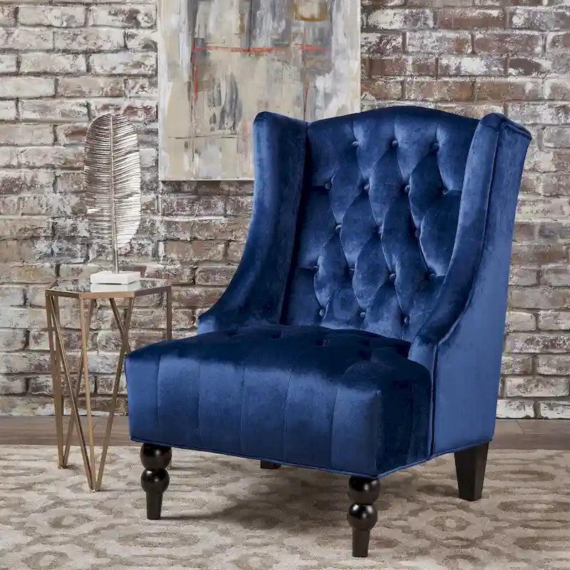 Upholstered Wingback Chair – Blue / Navy / Silver / Green, Button-Tufted Diamond Stitch, Birch Legs, Seats 1