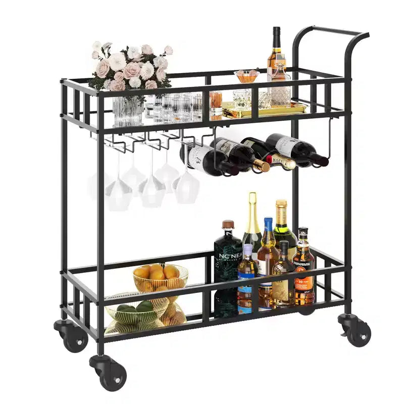 COZONY 2 Tier Bar Cart with Wine Rack and Glass Holder, Mirrored Mobile Serving Cart with Wheels for Kitchen Living Room