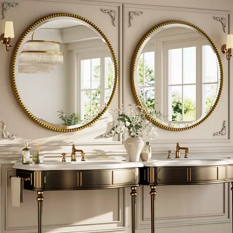 Beaded Round Wall Mirror - Decorative Vanity Bathroom Mirror with Resin Frame