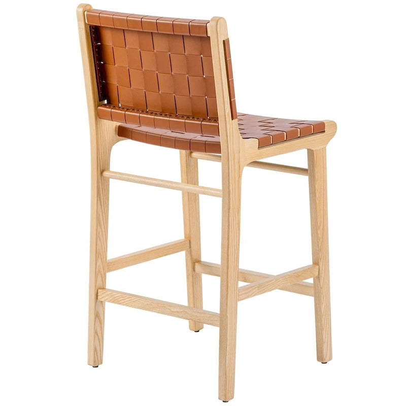 Woven Leather Counter Height Bar Stool, Ash Wood Frame, No Assembly