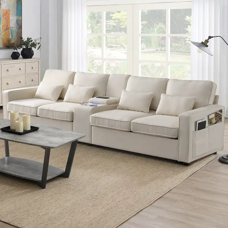 114.2 Upholstered Sofa with Console, Cup Holders and USB Charging