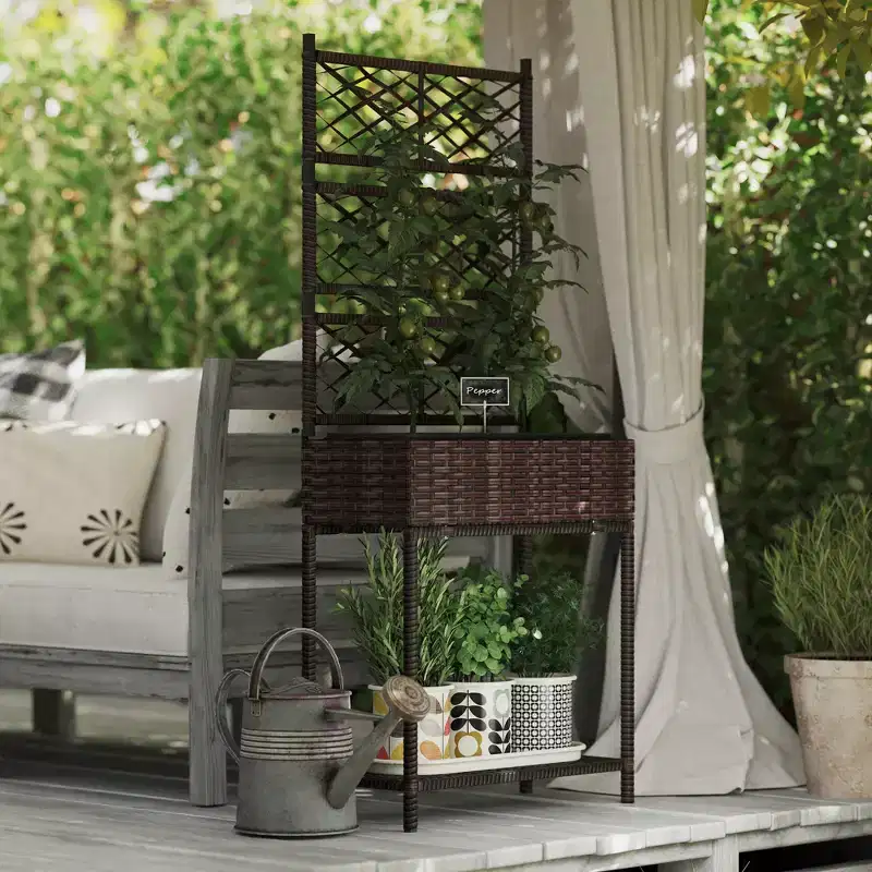 Outdoor Wicker Planter with Trellis for Climbing Plants, Freestanding Rattan Garden Box with Storage Shelf