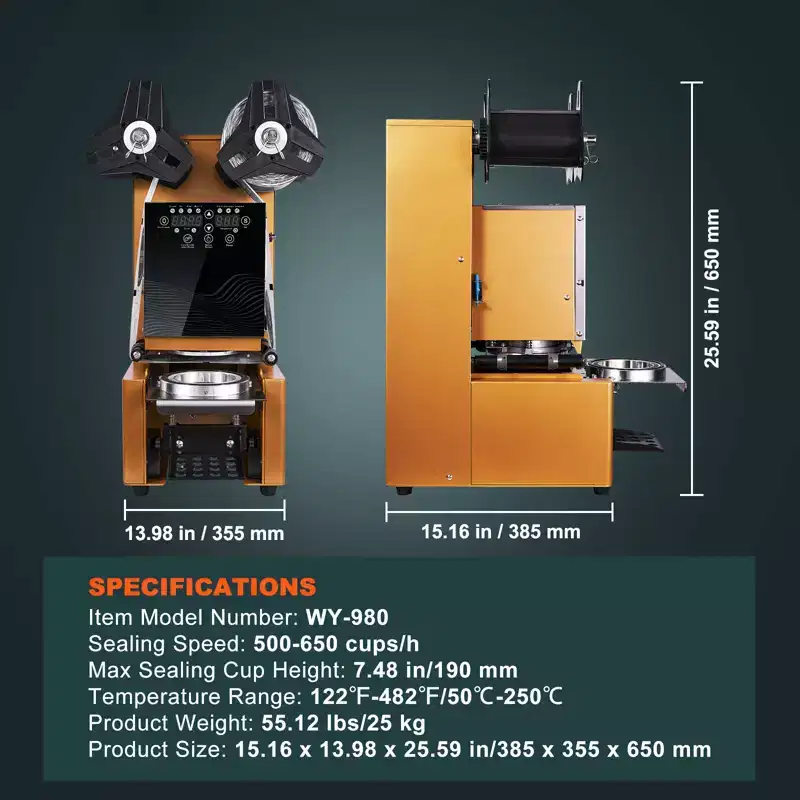 VEVOR Fully Automatic Cup Sealing Machine, 500-650 Cups/H, Cup Sealer Machine for 190 mm Tall & 90/95 mm Cup, with Digital Control LCD Panel, Gold